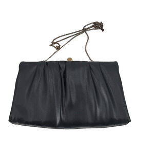 Vintage 1980s Ande Black Black Faux Leather Clutch Purse Handbag Clasp Hinged